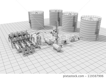 oil refinery, chemical production, waste processing plant, exterior visualization, 3D illustration, cg 119387906