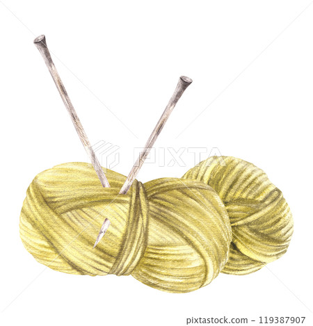 Skein of thread with knitting needles. Green yellow pastel coloured ball of yarn. Watercolor hand drawn illustration for Handmade blog, cozy hobby product label design Clipart isolated from background Skein of thread with knitting needles. Green yellow pastel coloured ball of yarn. Watercolor hand drawn illustration for Handmade blog, cozy hobby product label design Clipart isolated from background 119387907
