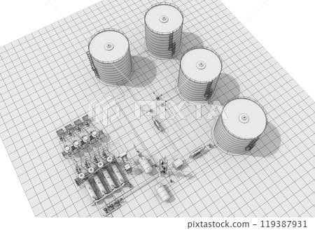 oil refinery, chemical production, waste processing plant, exterior visualization, 3D illustration, cg 119387931