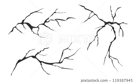 Cracked glass, wall, egg, fissures in ground top view. Set concrete, crevices from disaster, surface from earthquake, Ruined breaked land surface doodle, hand drawn 119387945