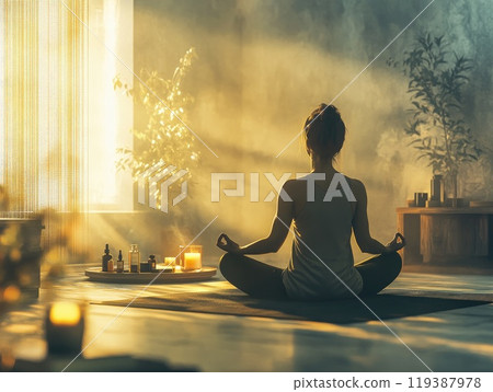 Peaceful meditation scene with sunlit atmosphere and calming decor elements 119387978