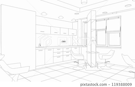 interior beauty salon contour visualization, 3D illustration, sketch, outline interior beauty salon contour visualization, 3D illustration, sketch, outline 119388009