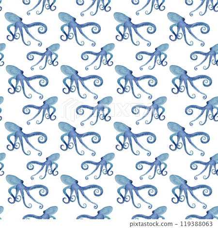 Octopus hand-drawn in watercolor seamless pattern isolated on white. High quality blue gradient monochromatic illustration for stationary, textile, wallpaper, wrapping paper, oceanarium, background Octopus hand-drawn in watercolor seamless pattern isolated on white. High quality blue gradient monochromatic illustration for stationary, textile, wallpaper, wrapping paper, oceanarium, background 119388063
