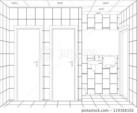 restroom, contour visualization, 3D illustration, sketch, outline restroom, contour visualization, 3D illustration, sketch, outline 119388102