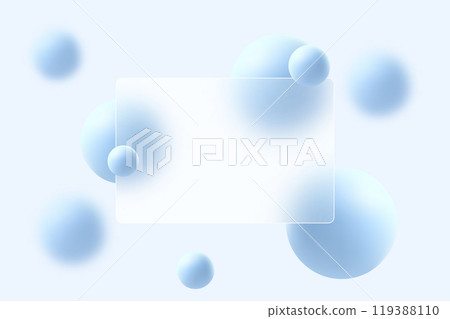 Glass morphism website landing page template. Frosted glass partition with floating blue spheres. Glass morphism website landing page template. Frosted glass partition with floating blue spheres. 119388110