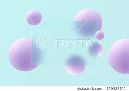 Glass morphism website landing page template. Frosted glass partition with floating 3D spheres. Glass morphism website landing page template. Frosted glass partition with floating 3D spheres. 119388111