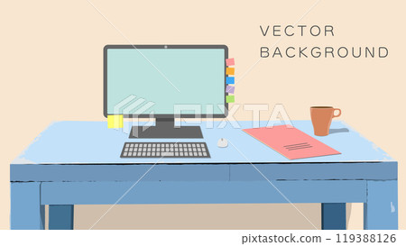 Background illustration banner of a computer, coffee cup and notebook on a desk 16:9 Vector web banner 119388126