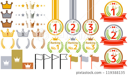 Illustration set of crown, laurel, medal, podium and flag 119388135