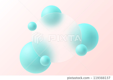 Image in glass morphism style. Translucent circle on light background with floating spheres. Image in glass morphism style. Translucent circle on light background with floating spheres. 119388137