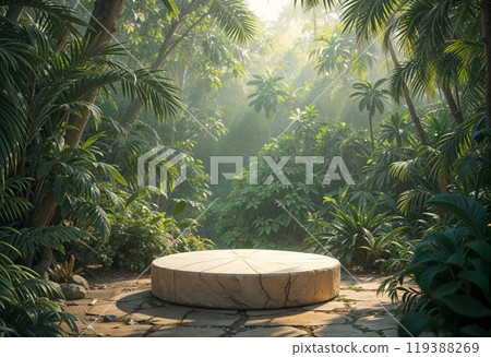 Empty tabletop podium in tropical forest product placement pedestal stand display, jungle paradise 119388269