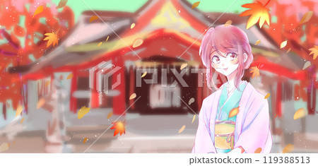 A woman in a kimono and a rough shrine background, Autumn 119388513