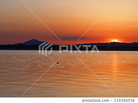 Sunset at Lake Hinuma, Ibaraki Prefecture. The silhouette of Mount Tsukuba and the waterfowl shining orange on the water's surface in the setting sun is striking and beautiful. Sunset at Lake Hinuma, Ibaraki Prefecture. The silhouette of Mount Tsukuba and the waterfowl shining orange on the water's surface in the setting sun is striking and beautiful. 119388556
