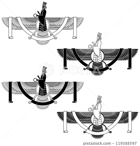 Zoroastrian winged solar disk with ribbon 119388597