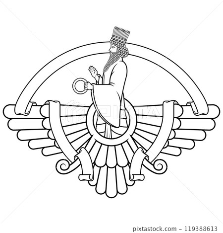 Zoroastrian winged solar disk with ribbon Zoroastrian winged solar disk with ribbon 119388613