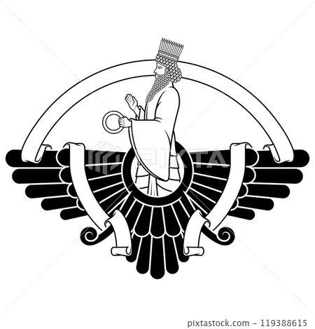 Zoroastrian winged solar disk with ribbon Zoroastrian winged solar disk with ribbon 119388615