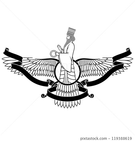 Zoroastrian winged solar disk with ribbon 119388619