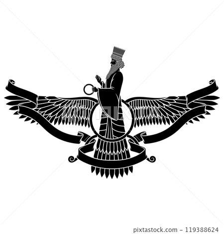 Zoroastrian winged solar disk with ribbon Zoroastrian winged solar disk with ribbon 119388624