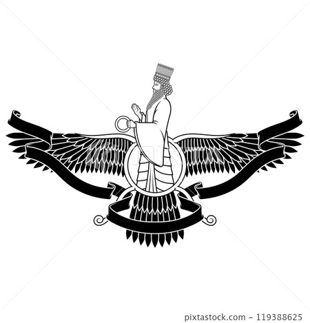 Zoroastrian winged solar disk with ribbon Zoroastrian winged solar disk with ribbon 119388625