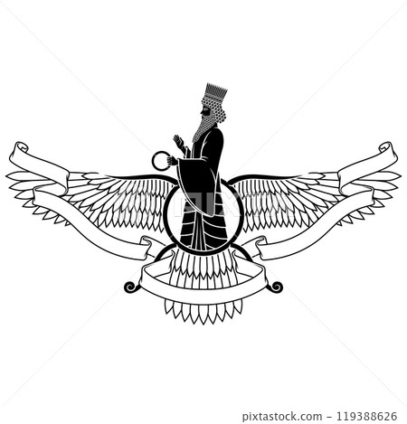 Zoroastrian winged solar disk with ribbon 119388626