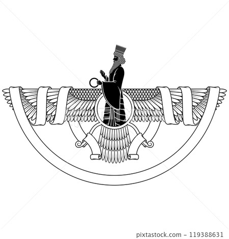 Zoroastrian winged solar disk with ribbon 119388631
