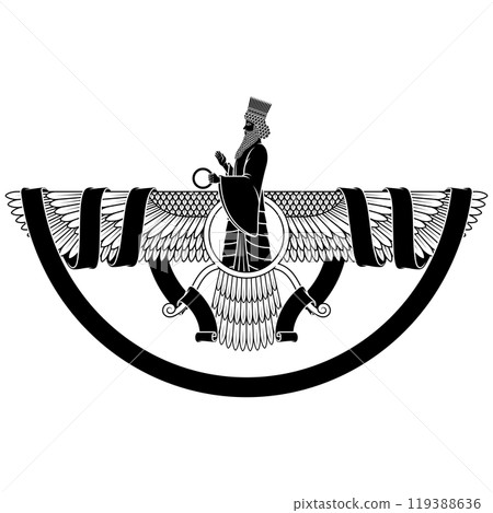 Zoroastrian winged solar disk with ribbon Zoroastrian winged solar disk with ribbon 119388636