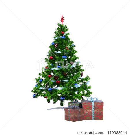 Christmas tree with decorations, isolated on white background, 3D illustration, cg render Christmas tree with decorations, isolated on white background, 3D illustration, cg render 119388644