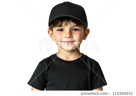 Boy in black t-shirt on transparent background. AI-generated item. 119388932