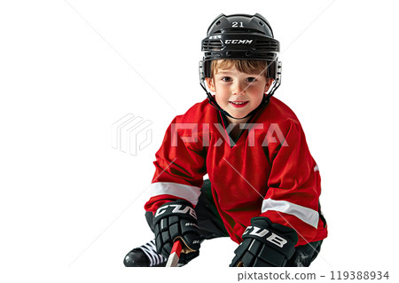 Hockey player boy on transparent background. AI-generated item. 119388934