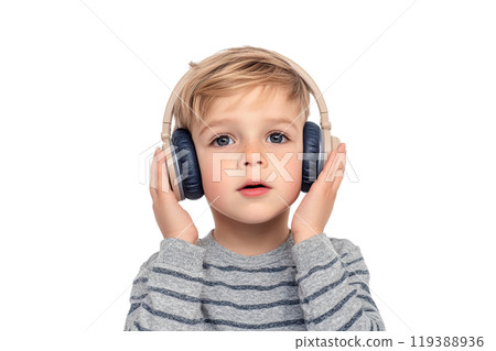 AI-generated item. Cute little boy wearing headphones on a transparent background. 119388936
