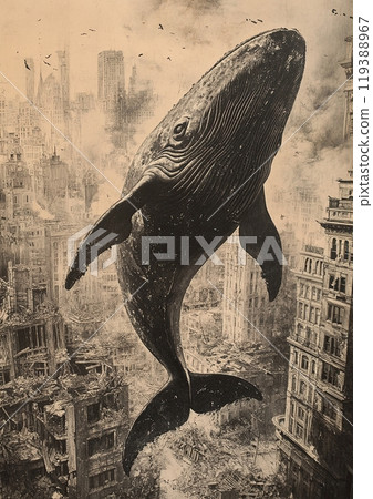 Old style vintage enormous whale standing in air in the city illustration Old style vintage enormous whale standing in air in the city illustration 119388967