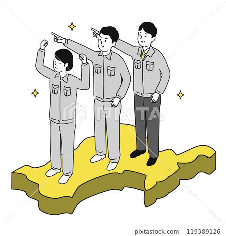 在宮城縣工作的穿著工作服的微笑男女的圖像插圖 119389126