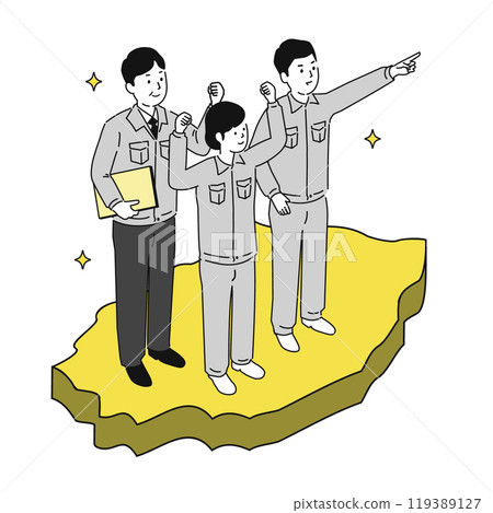 在岩手縣工作的穿著工作服的微笑男女的圖像插圖 119389127