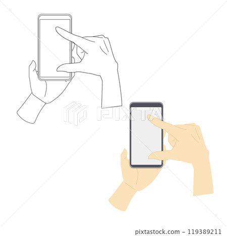 Set of color and line drawings of hands operating a smartphone 2 Set of color and line drawings of hands operating a smartphone 2 119389211