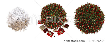 Christmas tree with decorations, set of New Year's trees, isolate on a transparent background, 3d illustration, cg render 119389235