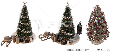 Christmas tree with decorations, set of New Year's trees, isolate on a transparent background, 3d illustration, cg render 119389240