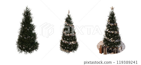 Christmas tree with decorations, set of New Year's trees, isolate on a transparent background, 3d illustration, cg render 119389241