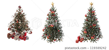 Christmas tree with decorations, set of New Year's trees, isolate on a transparent background, 3d illustration, cg render 119389242