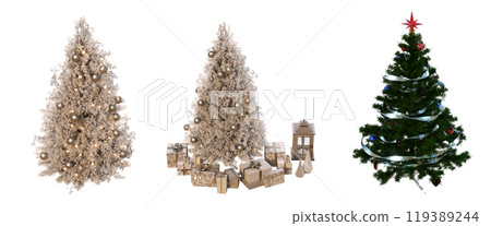 Christmas tree with decorations, set of New Year's trees, isolate on a transparent background, 3d illustration, cg render 119389244