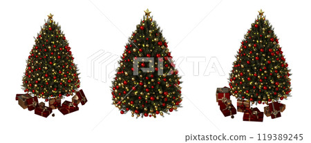 Christmas tree with decorations, set of New Year's trees, isolate on a transparent background, 3d illustration, cg render 119389245