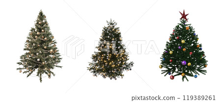 Christmas tree with decorations, set of New Year's trees, isolate on a transparent background, 3d illustration, cg render 119389261