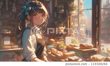 動漫風格的日本美麗女孩在麵包店工作 動漫風格的日本美麗女孩在麵包店工作 119389268