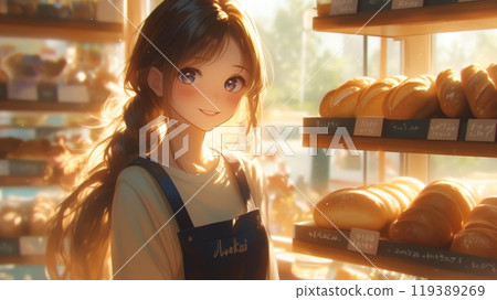 Beautiful anime-style Japanese girl working at a bakery Beautiful anime-style Japanese girl working at a bakery 119389269