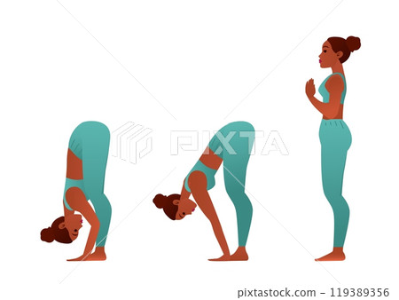 Vector Illustration of a Female Practicing Tadasana, Uttanasana, and Deep Forward Fold Asana, Yoga sequence Vector Illustration of a Female Practicing Tadasana, Uttanasana, and Deep Forward Fold Asana, Yoga sequence 119389356