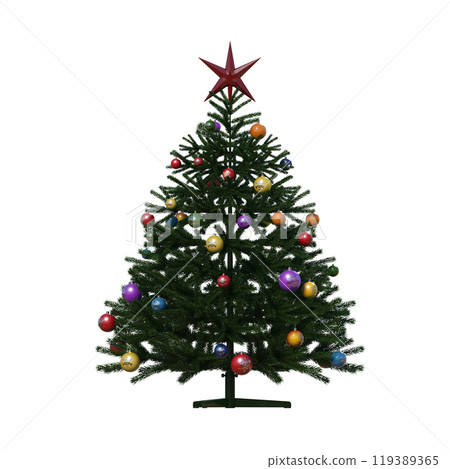 Christmas tree with decorations, isolated on white background, 3D illustration, cg render 119389365