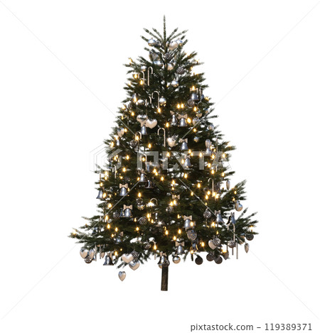 Christmas tree with decorations, isolated on white background, 3D illustration, cg render Christmas tree with decorations, isolated on white background, 3D illustration, cg render 119389371