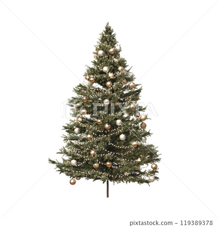 Christmas tree with decorations, isolated on white background, 3D illustration, cg render 119389378