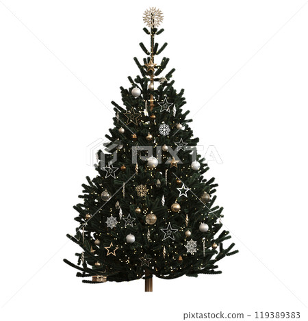 Christmas tree with decorations, isolated on white background, 3D illustration, cg render Christmas tree with decorations, isolated on white background, 3D illustration, cg render 119389383