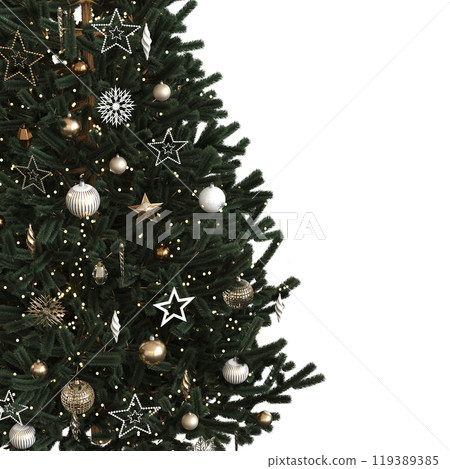 Christmas tree with decorations, isolated on white background, 3D illustration, cg render 119389385