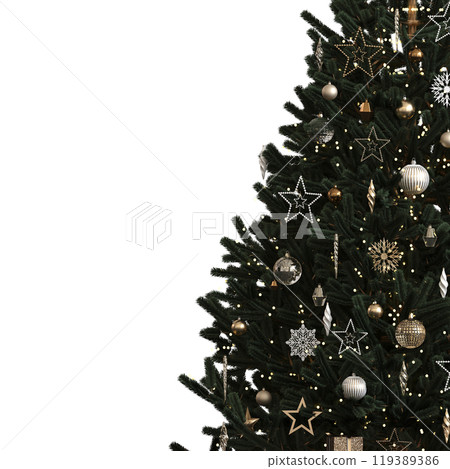 Christmas tree with decorations, isolated on white background, 3D illustration, cg render 119389386