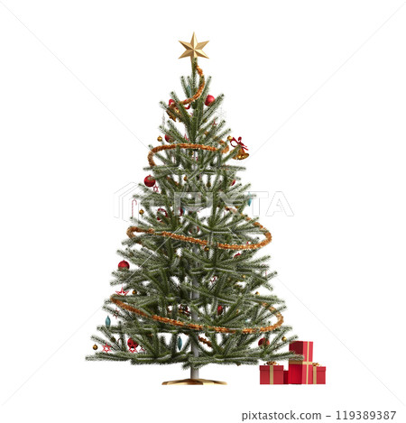 Christmas tree with decorations, isolated on white background, 3D illustration, cg render 119389387